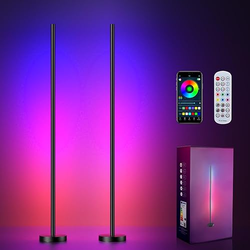 Corner Floor Lamp, 2 Pack LED Corner Lamp with App and Remote Control, RGBICW 16 Million DIY Colors & 68+ Scene, Music Sync, Color Changing Smart Ambient Light for Living Rooms, Bedrooms, Gaming Room - 2 Pack Black