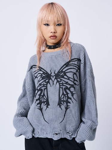 Minga London Darkwave Butterfly Distressed Knit Jumper | S / Grey 