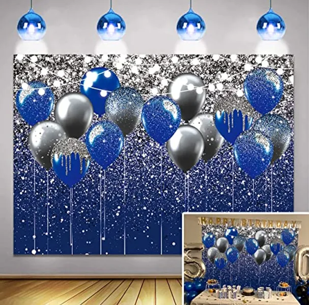 Royal Blue Glitter Backdrop Blue and Silver Black Balloon Sequin Photography Background for Birthday Wedding Graduation Prom Party Banner Decoration Photo Props (7x5FT)
