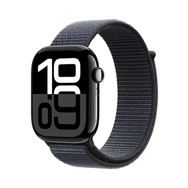 Apple Watch Series 10 [GPS 46mm case] Smartwatch with Jet Black Aluminium Case with Ink Sport Loop. Fitness Tracker, ECG App, Always-On Retina Display, Carbon Neutral - Jet Black Aluminium Case with Ink Sport Loop - 46mm case - One Size - Without AppleCare+