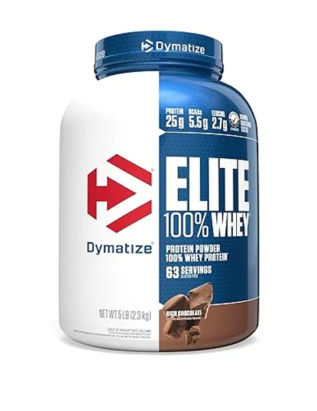 Dymatize Elite 100% Whey Protein Powder, 25g Protein, 5.5g BCAAs & 2.7 L-Leucine, Quick Absorbing & Fast Digesting for Optimal Muscle Recovery, Rich Chocolate, 5 Pound, 63 Servings - Chocolate - 63 Servings (Pack of 1)