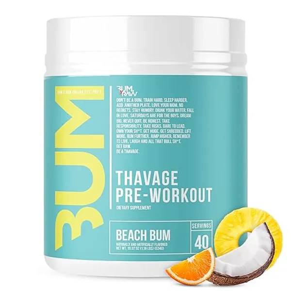 RAW Pre Workout Powder, Thavage (Beach Bum) - Chris Bumstead Sports Nutrition Supplement for Men & Women - Cbum Pre Workout for Working Out, Hydration, Mental Focus & Energy - 40 Servings - Beach Bum