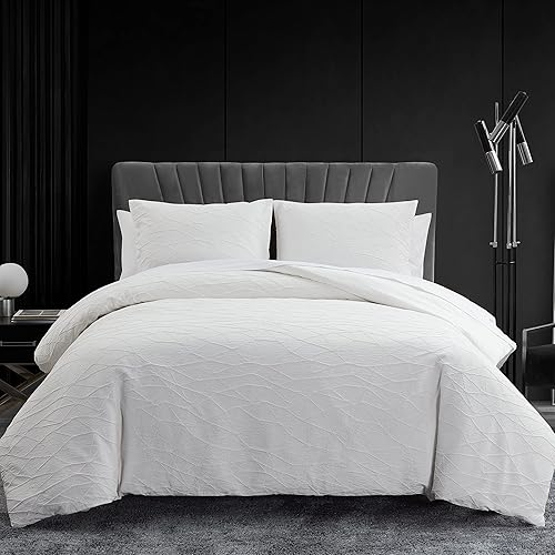 Vera Wang - Queen Duvet Cover Set, Luxury Bedding with Button Closure, Includes Matching Shams (Abstract Crinkle White, Queen) - White - Queen