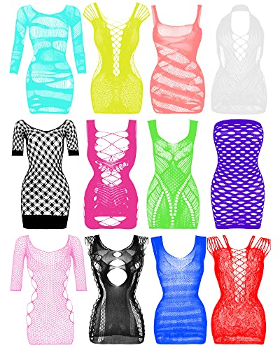 Geyoga 12 Pieces Women's Fishnet Lingerie Mesh Babydoll Bodysuit Lace Smock Lingerie for Women - One Size - Bright Color