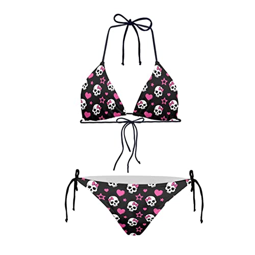 JEOCODY Women's High Waist Halter Bikini Set Two Piece Swimsuits Triangle Bikini Sets - Medium - Pink Heart and Skull Print