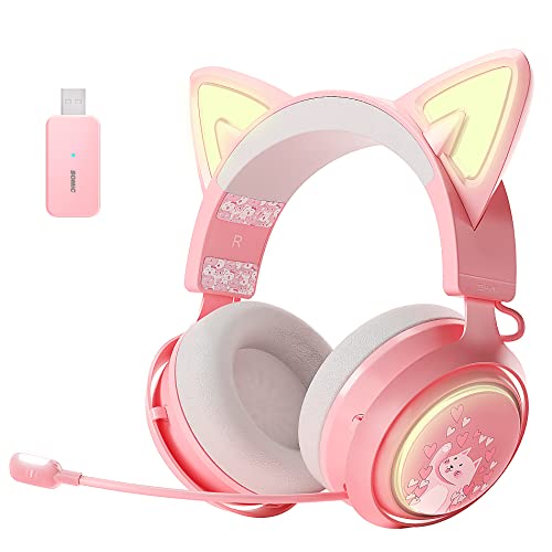 SOMIC GS510 Cat Ear Headset Wireless Gaming Headset for PS5/ PS4/ PC, Pink Headset 2.4G with Retractable Mic, 7.1 Stereo Sound, 8Hrs Playtime, RGB Lighting for Girls (Xbox Only Work in Wired Mode) - Pink
