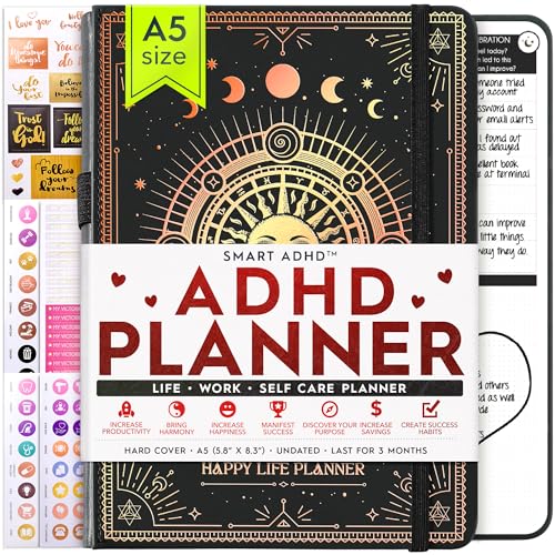 Adhd Daily Planner - A Self Care Personal Gratitude Journal to Productivity and Success in Life and Work, Weekly & Monthly Undated Planner for Women and Men, Vision Board & Organizer + Planner - Black Sunshine Color