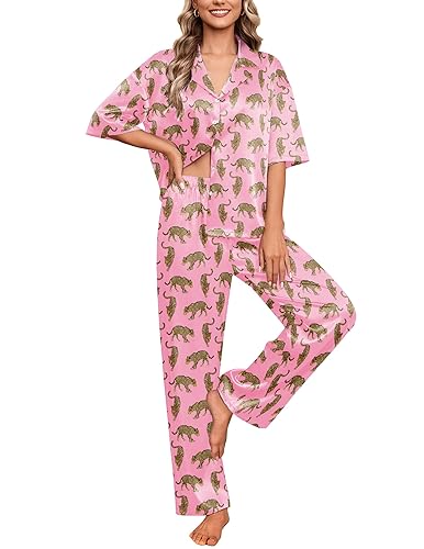 Ekouaer Silk Satin Pajamas Set Women Short Sleeve Pj Sets Button Down Sleepwear 2 Piece Soft Loungewear S-XXL - Pink Cheetah - Medium