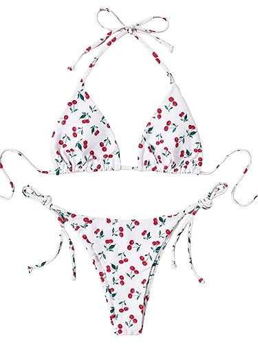 SOLY HUX Women's Bikini Sets Cherry Print Halter Triangle Tie Side Bathing Suits 2 Piece Swimsuit - Medium - White Cherry