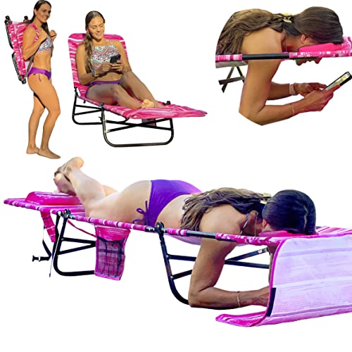 FLIPCHAIR Patio Chaise Lounger Chair Face & Arm Holes 3 Legs Support Polyester Material Reclining Backrest Head Pillow Made for Tanning at Beach, Backyard or Lake PATENTS PENDING 1 Pink - Facedown-pink