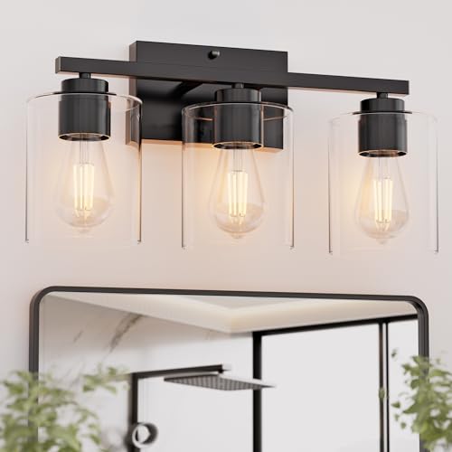 Honesorn Bathroom Vanity Light, 3 Light Bathroom Light Fixtures, Matte Black Vanity Lights for Bathroom, Modern Bathroom Light with Clear Glass Shade, E26 Base, Bathroom Light Fixtures Over Mirror - Black