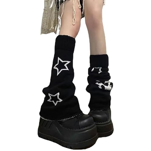 Cimvide Women Grunge Star Skull Print Leg Warmers Y2k Harajuku Japanese Lolita Knit Long Socks Gothic Punk Leg Warmers Kawaii - Black - One Size