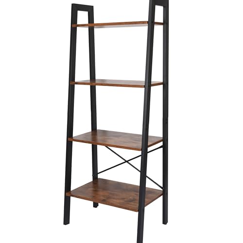 Hallops Ladder Shelf, 4 Tier Bookshelf for Bedroom - 53''H Floor Standing Bookcase Storage Metal Rack for Plants - Walnut Brown Industrial Leaning Wooden Display Shelves for Living Room and Office