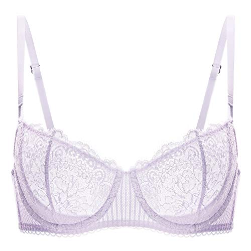 DOBREVA Women's Sexy Lace Push Up Plus Size Bra Sheer Balconette Underwire Unlined - 32E - Lilac_eyelash Lace