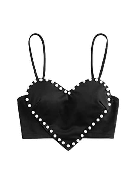 WDIRARA Women's Pearls Sleeveless Asymmetrical Hem Crop Cami Top Sexy Camisole