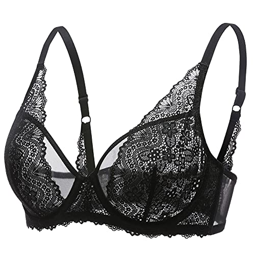 DOBREVA Women's Lace Bralette See Through Sexy Minimizer Bra Plus Size Sheer Underwire - 32F - Black