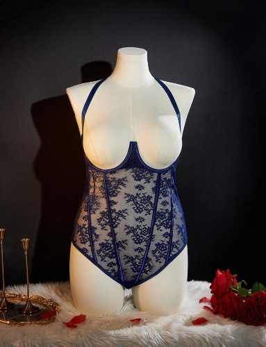 Blue Hollowed Out Lingerie Bodysuit