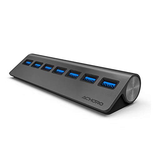 Achoro 7 Ports USB 3.0 Hub - Triangle Aluminum Alloy - High-Speed USB Port Expander - Compatible with PC, iMac, MacBook, Windows, Desktop, and More – Computer Multiple USB HUB (Space Grey) - Space Grey
