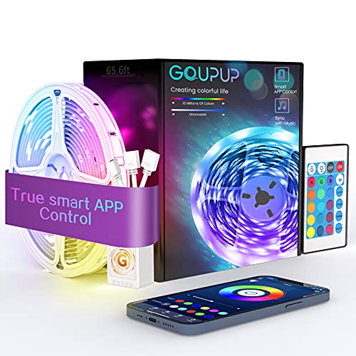 GUPUP 65.6 ft LED Strip Lights,Bluetooth led Lights for Bedroom,Strip Lights That Sync to Music,Phone APP Controlled, Color Changing Lights for Bedroom(65.6 ft BT/APP+Remote+Mic)… - 65.6 FT