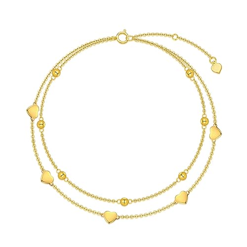 SISGEM 9 ct Gold Heart Anklet, Solid Yellow Gold Beaded Layered Anklet, for Women Girls Ladies Mum Sisters, 8"+1"+1"