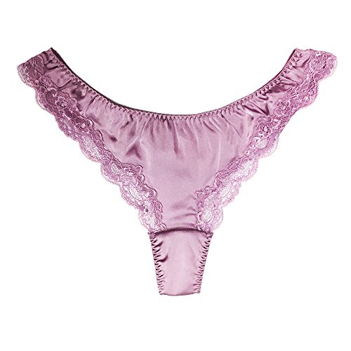 SilRiver Womens Silk G-String Thong Panties Satin T Back Lace Thong Underwear - Medium - Lavenda