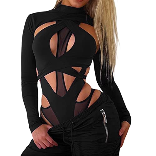 Women Slim One Piece Jumpsuit Long Sleeve Mock Neck Sheer Mesh Leotard Top Cut Out Bodysuit for Rave Party Club - Black - Small