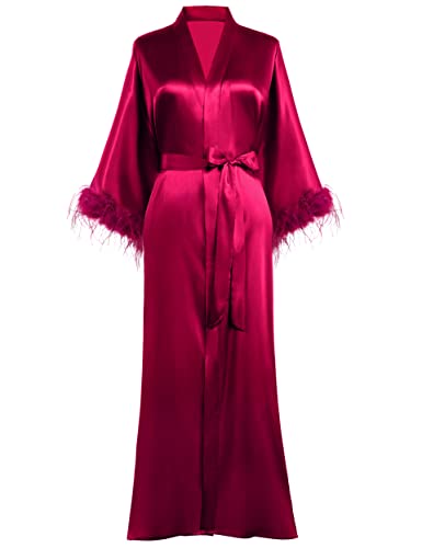 PRODESIGN Satin Kimono Robe Long Bath Robe with Ostrich Feather Trim Sleepwear Wedding Bridesmaid Robe - One Size - Wine Red