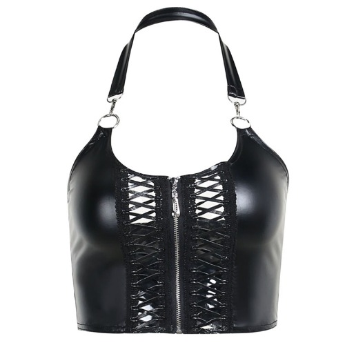 'Frankenstein' Black Wet Look Faux Leather Halter Lace up Top - Black / S