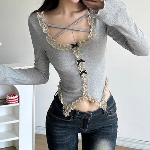 Grey Cute Bow Cottagecore Long Sleeved Top - Grey / S