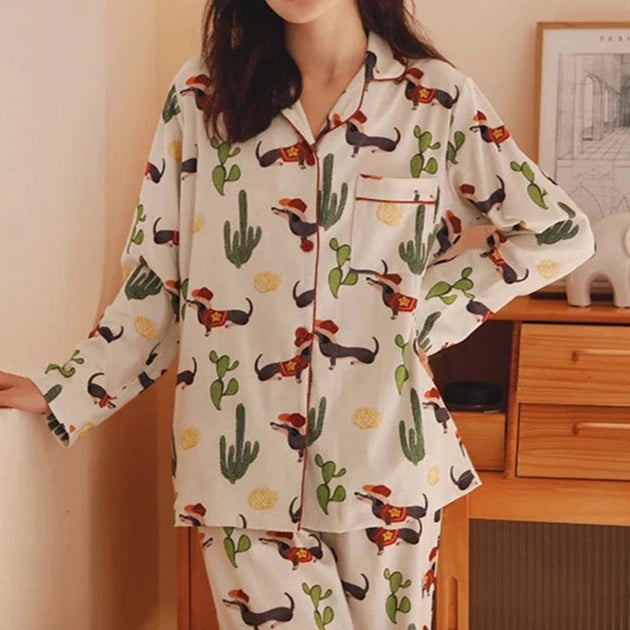 Dachshund & Cactus Premium Cotton Pajama Set for Women - M(less than 60kg)