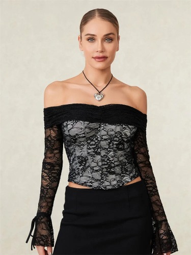 Black Alt Gothic Lace Off The Shoulder Crop Top - Black / M