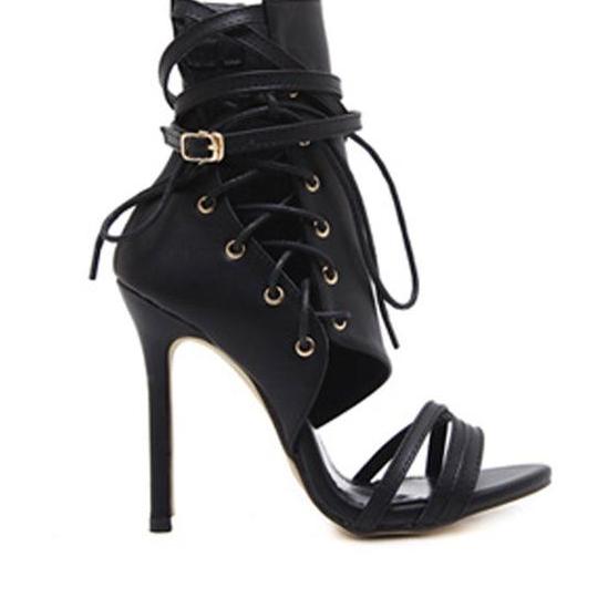 Lace Up High Heel Sandals - Black / 8.5