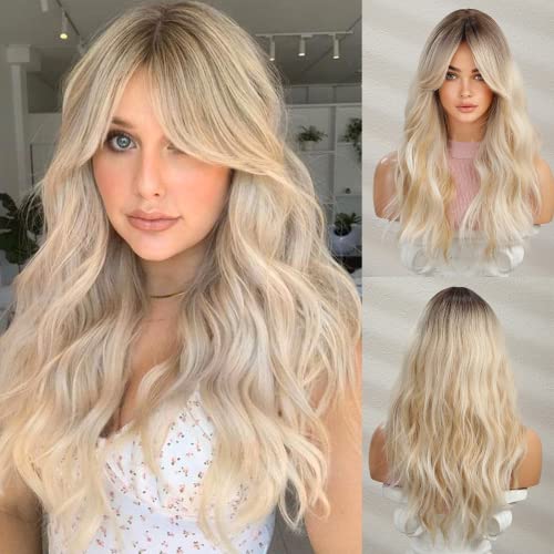 HAIRCUBE Long Wavy Wigs for Women,Synthetic Hair Wig for Daily - Mixed Blonde with Dark Roots