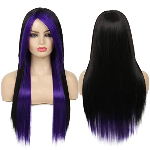 Baruisi Long Purple Black Wig Silky Straight Synthetic Heat Resistant Side Bangs Halloween Costume Hair Wigs for Women Girls - purple&black