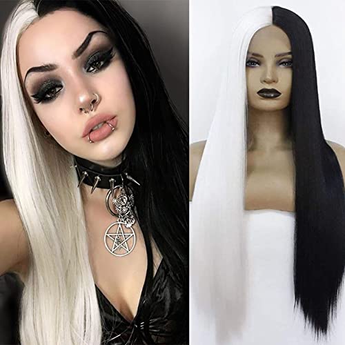 RELAS Lace Front Wigs for Women Half Black Half White Long Straight 13 * 3 HD Lace Front Wig Heat Resistant Synthetic Hair Glueless Wigs Daily Cosplay Makeup 24 inch - 24 Inch (Pack of 1) - B/W Lace Front Wig