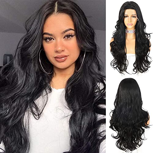SAPPHIREWIGS Black Lace Front Wig Long Wavy Synthetic Wig Silky Heat Resistant Glueless 13x3 Synthetic Lace Front Wigs Natural Hairline for Women 26 inch - Black - 13×3 wig