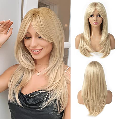 TuTive Blonde Wigs for Women Layered Wig With Bangs 22 Inch Shoulder Length Mixed Color wig Natural Looking Synthetic Hair Wig for Daily Party Use(Blonde Mixed) - Blonde Mixed