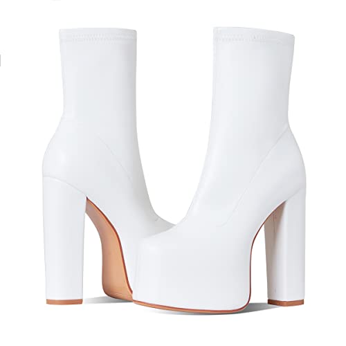 Lovee Cosee Platform Boots for Women Chunky Heel Stretch Ankle Booties with Zip GoGo Boots - 9 - White