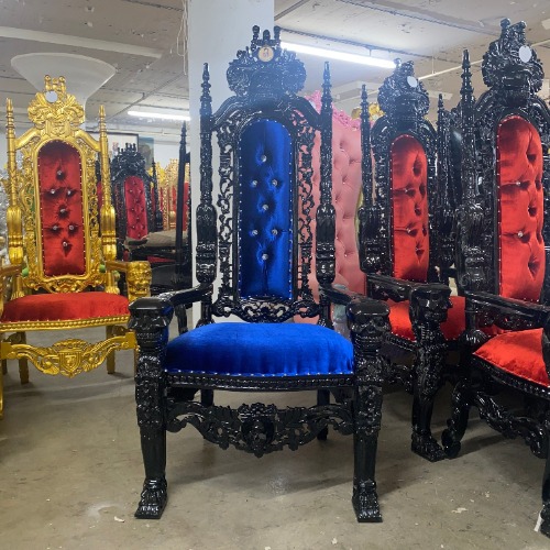 "King David" Skull Face Throne Chair - Blue Velvet / Black