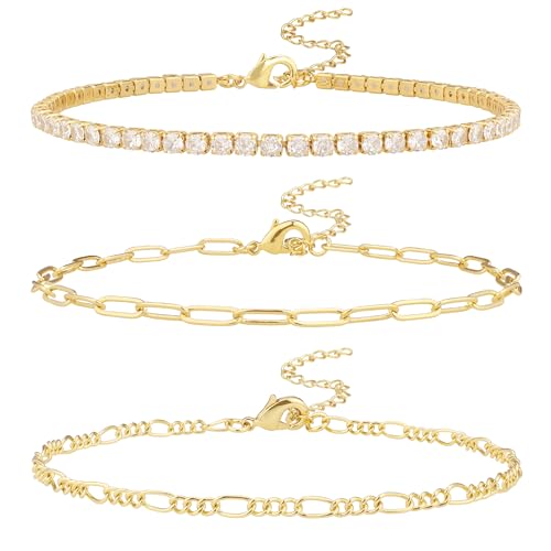 AOZEL Ankle Bracelets for Women Girls 14K Gold Plated/Sterling Silver Plated Anklet Bracelet Set Cuban Link Chain Anklets for Women Waterproof Plus Size Summer Jewelry Accessories for Women - Style-03 (Women Average Size)