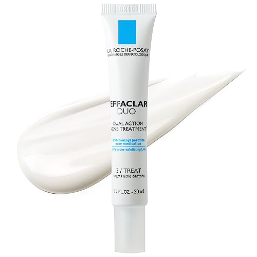 La Roche-Posay Effaclar Duo Dual Action Acne Spot Treatment Cream with Benzoyl Peroxide Acne Treatment, Blemish Cream for Acne and Blackheads, Lightweight Sheerness, Safe For Sensitive Skin - Unscented - 0.7 Fl Oz (Pack of 1)