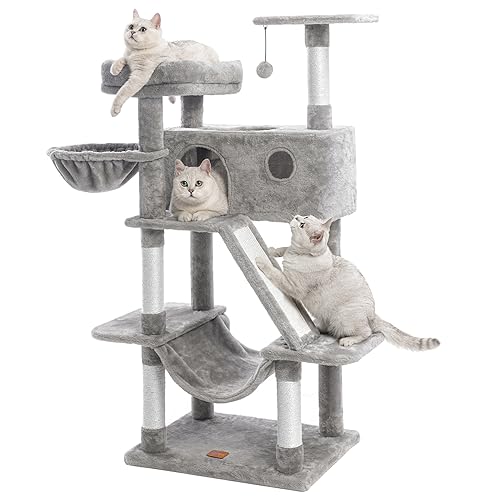 Karolpar Cat Tree for Indoor Cats, Large Cat Tower with Multiple Perches, Hammock and Large Scratcher Board, Cozy Condo for Large Cats Light Grey - Cat Tree with Scratching Board - Light Grey