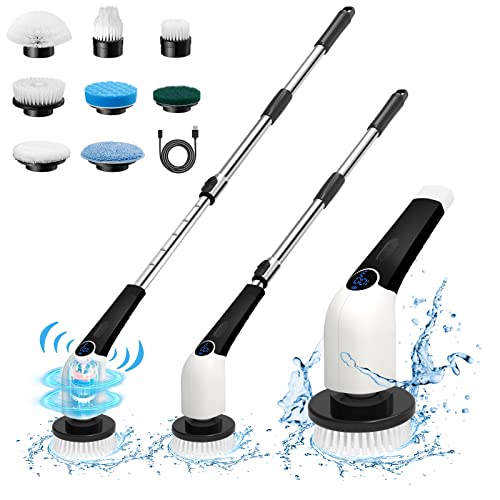 Keimi Electric Spin Scrubber, 2024 New Cordless Voice Prompt Shower Cleaning Brush with 8 Replaceable Brush Heads, 3 Adjustable Speeds, and Adjustable Extension Handle for Bathroom Floor Tile - Black