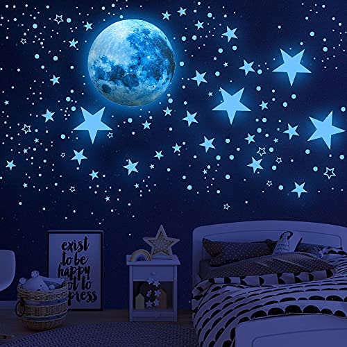 Glow in The Dark Stars for Ceiling,Glow in The Dark Stars and Moon Wall Stickers,1108 Pcs Ceiling Stars Glow in The Dark Decals Kids Wall Decors, Perfect for Kids Bedroom Nursery Living Room-Sky Blue - Blue