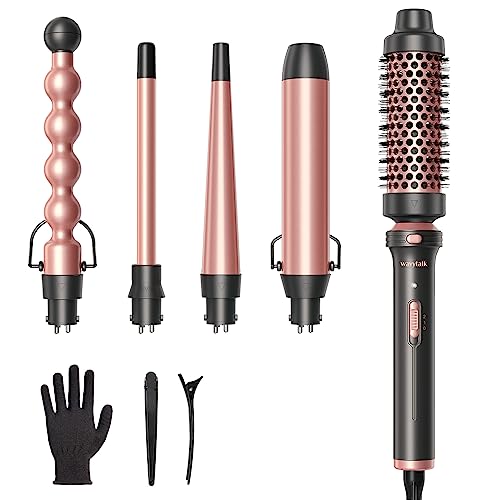 Wavytalk 5 in 1 Curling Iron,Curling Wand Set with Curling Brush and 4 Interchangeable Ceramic Curling Wand(0.5”-1.25”),Instant Heat Up,Include Heat Protective Glove & 2 Clips - Curling Wand （0.5"-1.25" ） - Rose Gold