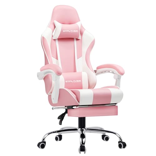GTPLAYER Gaming Chair, Computer Chair with Footrest and Lumbar Support, Height Adjustable Game Chair with 360°-Swivel Seat and Headrest and for Office or Gaming (Faux Leather, Pink) - Pink - Faux Leather