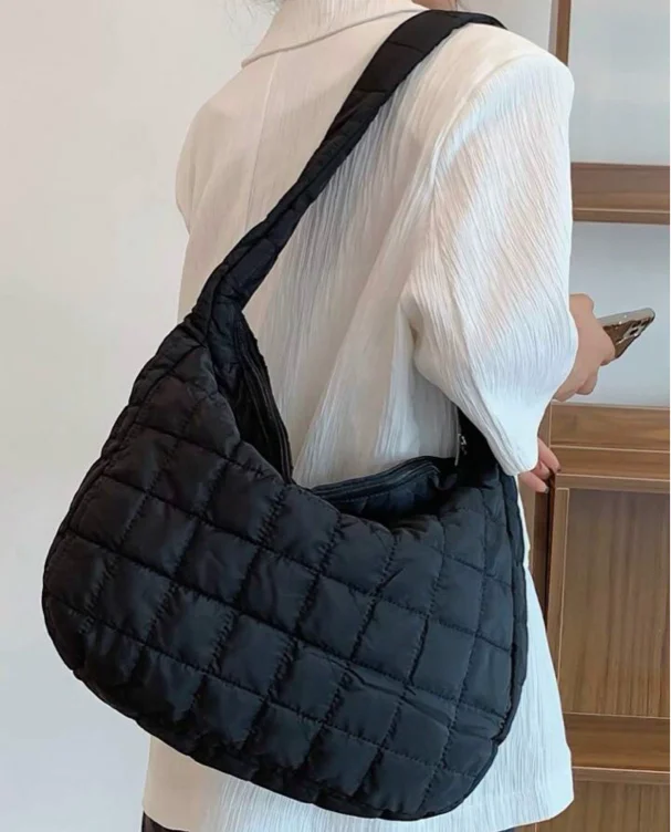 Large Capacity Plaid Quilted Padded Shoulder Bag, Foldable Fashion Tote Handbag For Women, Warm Solid Color Autumn/Winter Down Jacket