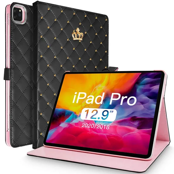 Topwin iPad Pro 12.9-inch (5th, 4th & 3rd Gen) Case,Cute Crown Design Bling Diamond PU Leather Smart Auto Sleep/Wake Kickstand Shockproof Flip Case for 12.9 Pro Case 2021/2020/2018 (Black)