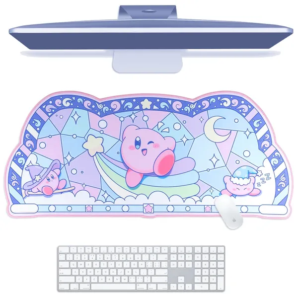 BelugaDesign Kirby Desk Pad | Kawaii Cute Anime Keyboard Gaming PC Laptop Mat | Large Super Smash Star Allies Forgotten Land Large Mat Mousepad | Pastel Pink Blue Desk Blotter Protector - Blue