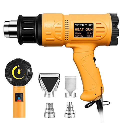SEEKONE Heat Gun 1800W 122℉-1202℉（50℃- 650℃）Fast Heating Heavy Duty Hot Air Gun Kit Variable Temperature Control Overload Protection with 4 Nozzles for Crafts, Shrinking PVC, Stripping Paint(5.2FT)